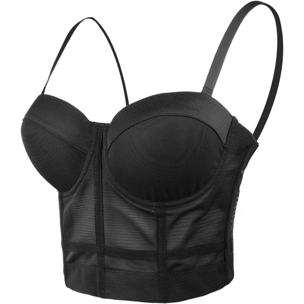 Women's Mesh Bustier Crop Top Polyester Push Up Adjustable Strap Black
